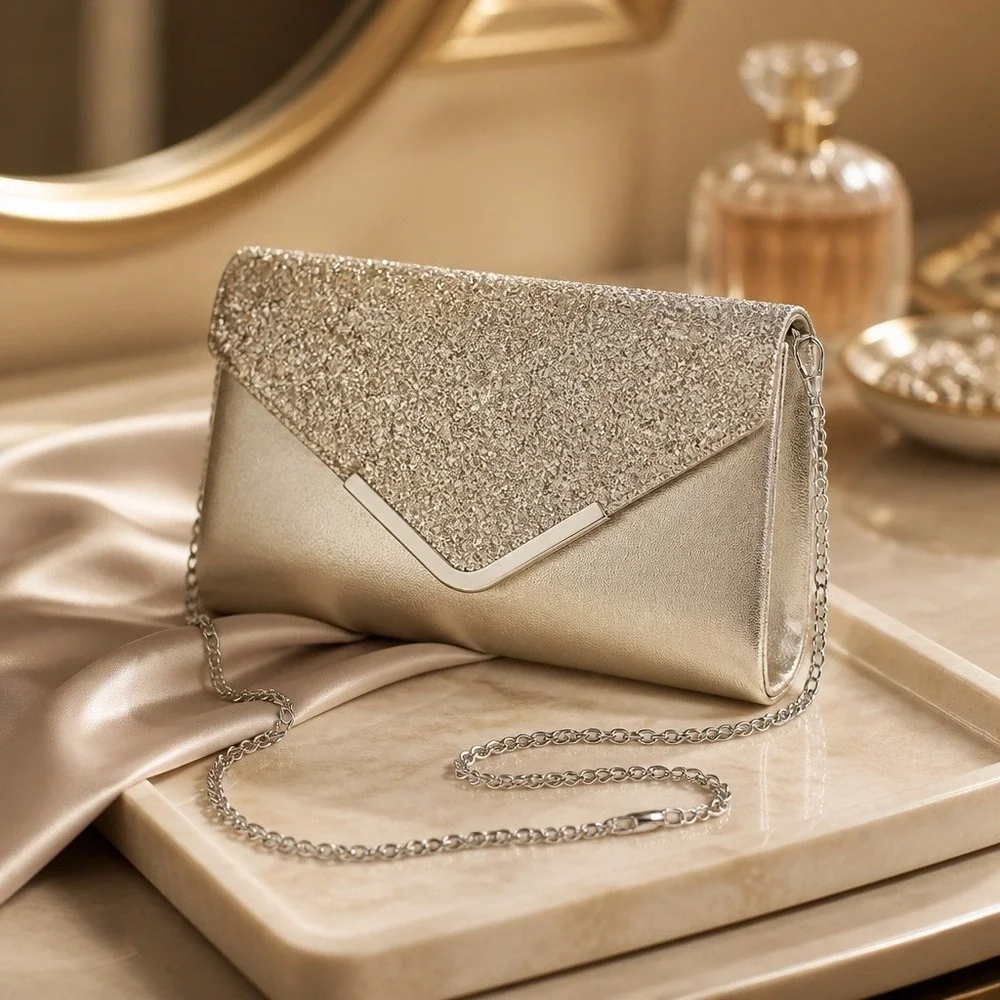 Champagne Gold Glitter‎ Envelope Clutch Chain Strap Evening Bag